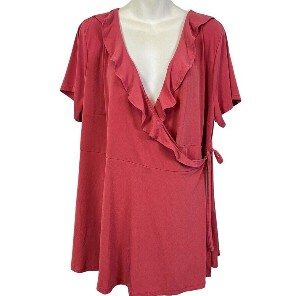 Torrid Womens Pink Ruffle Trim Short Sleeve Wrap Style Jersey Knit Top Shirt 3